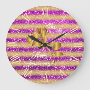 Luxury Gold Glitter Purple Floral Gift Große Wanduhr