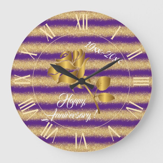 Luxury Gold Glitter Purple Floral Gift Große Wanduhr (Vorderseite)