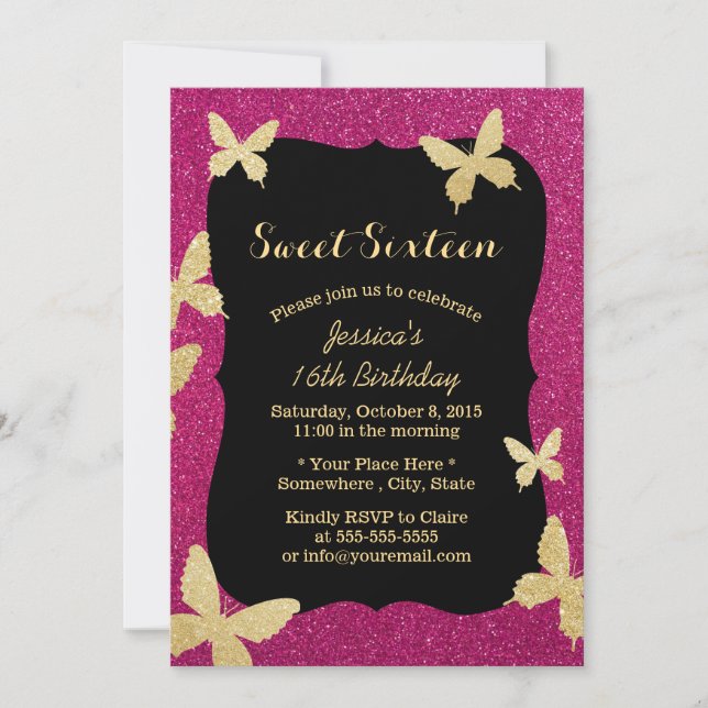 Luxury Gold Glitzer Butterflies Sweet 16 Einladung (Vorderseite)