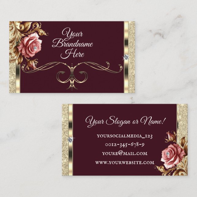 Luxury Gold Glitzer Pink Vintage Rose Burgund Visitenkarte (Vorne/Hinten)