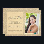 Luxury Gold Glitzer Sweet 16 Save the Date Einladung<br><div class="desc">Luxury Gold Sparkle Glitzer 16 . Geburtstag Monogram Name und Initial Save the Date Geburtstag Party Foto Einladung. Dieses Bild Save the Date lädt die Sparkle Glitzer Sweet 16 Birthday Party zum Feiern ein. Sie können die Einladungskarte aktualisieren,  um Ihre eigenen Foto-,  Namen- und Geburtstagsdaten einzufügen.</div>