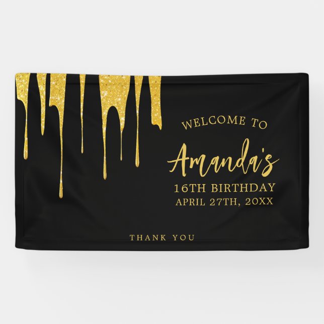 Luxury Gold Glitzer Tropfen Sweet 16 Geburtstag Banner (Horizontal)