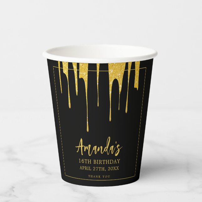 Luxury Gold Glitzer Tropfen Sweet 16 Geburtstag Pappbecher (Vorderseite)