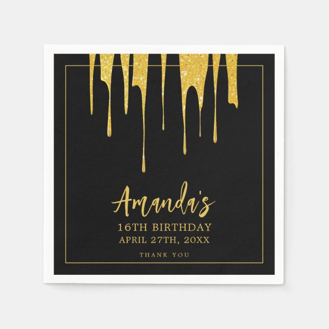 Luxury Gold Glitzer Tropfen Sweet 16 Geburtstag Serviette (Vorderseite)