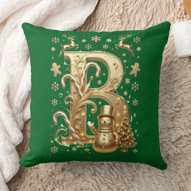 Luxury Gold Letter B Snowman Green Throw Pillow Kissen (Decke)