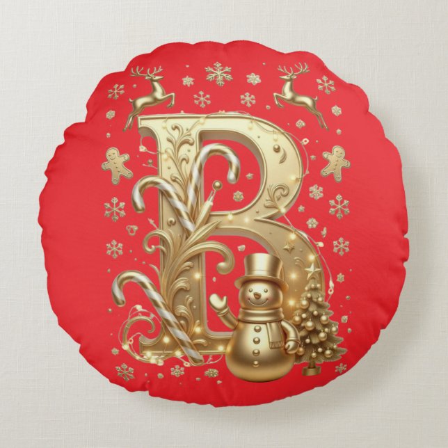 Luxury Gold Letter B Snowman Red Round Pillow Rundes Kissen (Vorderseite)