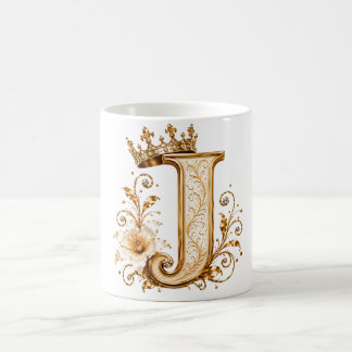 Luxury Gold Letter J Monogram with Crown & Lily Fl Kaffeetasse