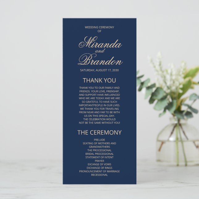 Luxury Gold Monogram Navy Blue Wedding Program (Stehend Vorderseite)