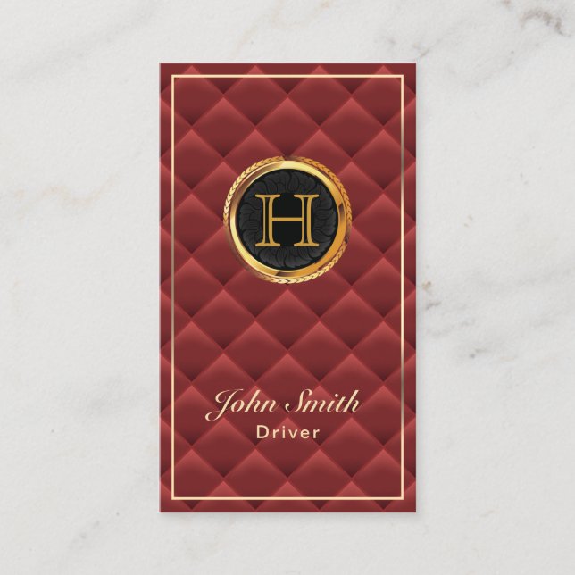 Luxury Gold Monogram Red Quilted Modern Driver Visitenkarte (Vorderseite)