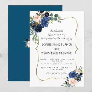 Luxury Gold Navy Blush Blume Blütenhochzeit Einladung