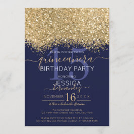 Luxury Gold Navy Glitzer Confetti Quinceañera Einladung