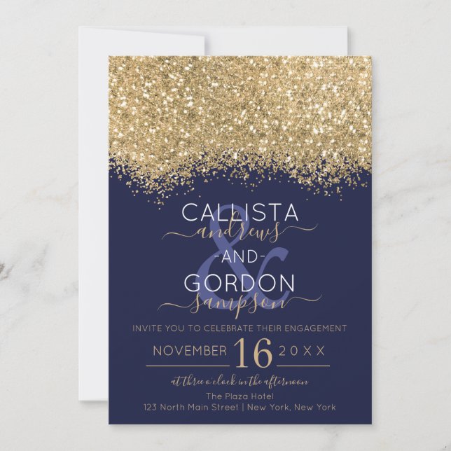 Luxury Gold Navy Glitzer Confetti Verlobung Einladung (Vorderseite)