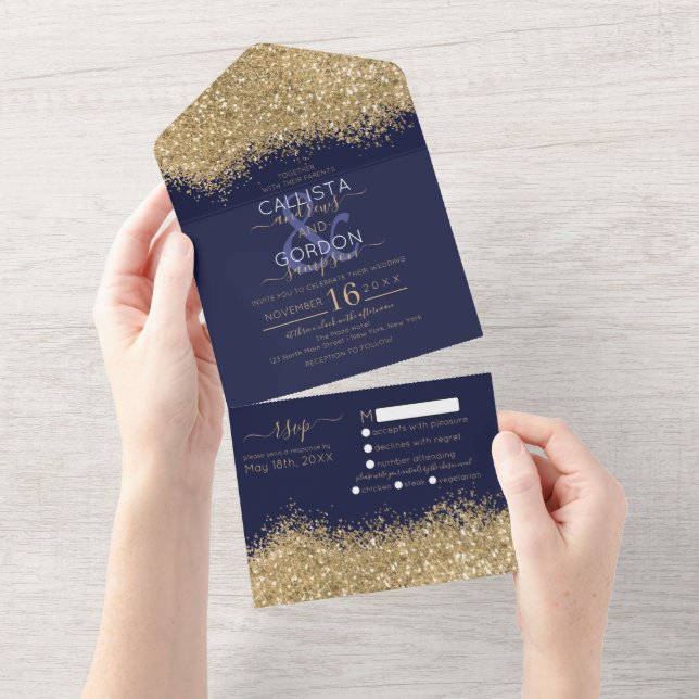 Luxury Gold Navy Glitzer Confetti Wedding All In O All In One Einladung (Abreißen)