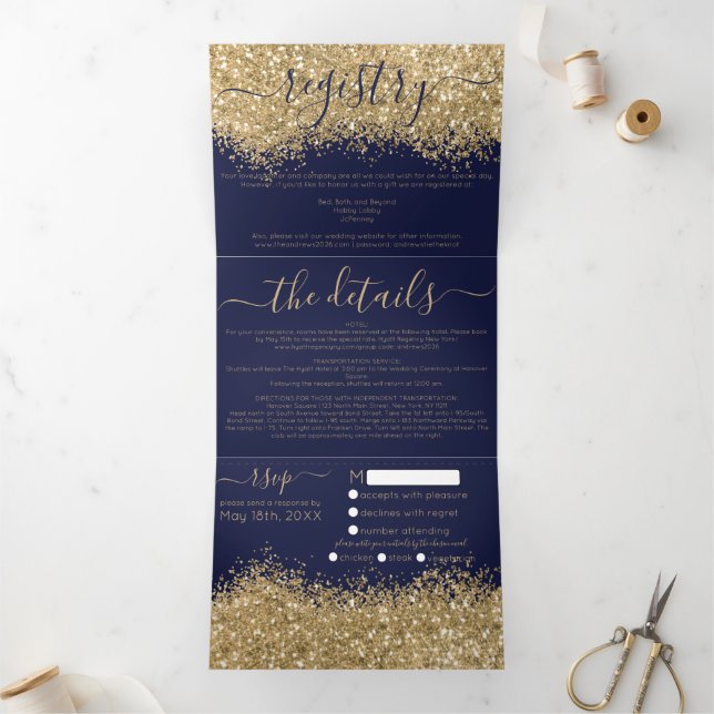 Luxury Gold Navy Glitzer Registrierungsdetails UAW Dreifach Gefaltete Einladung (Innenseite)