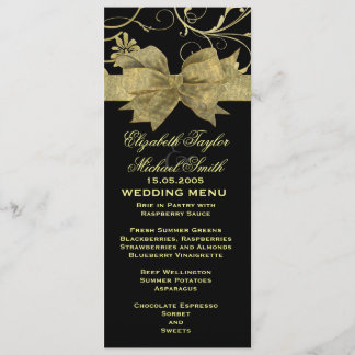 Luxury Gold Ribbon Damask Black Wedding Menü Menükarte