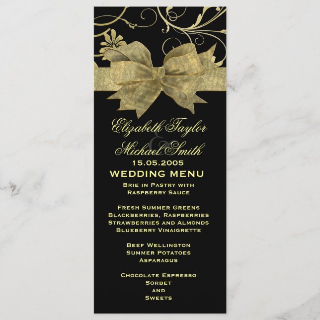 Luxury Gold Ribbon Damask Black Wedding Menü Menükarte (Vorderseite)