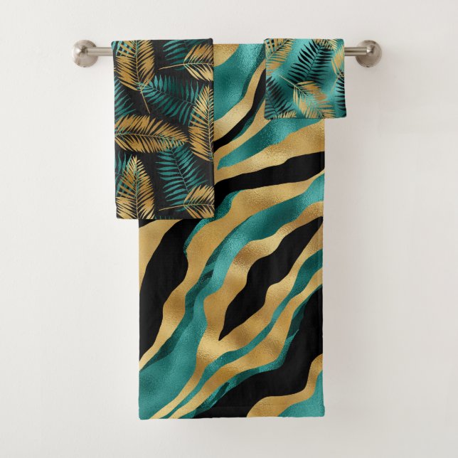 Luxury Gold Teal Tiger Stripe & Tropical Leaves Badhandtuch Set (Insitu)