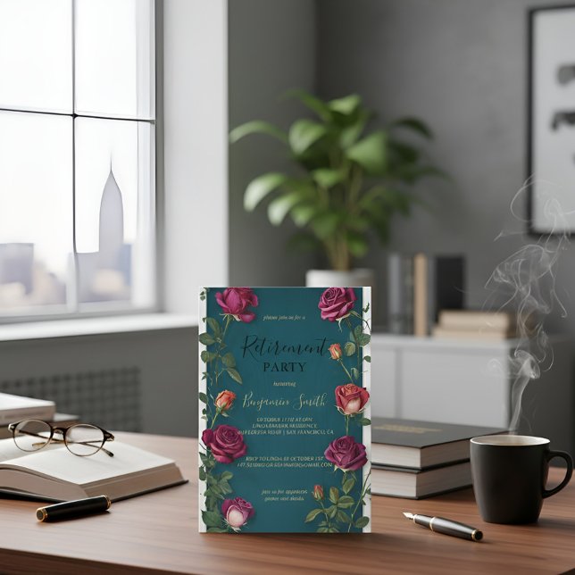 Luxury Gold Text Dark Turquoise Rose Retirement In Einladung (Von Creator hochgeladen)