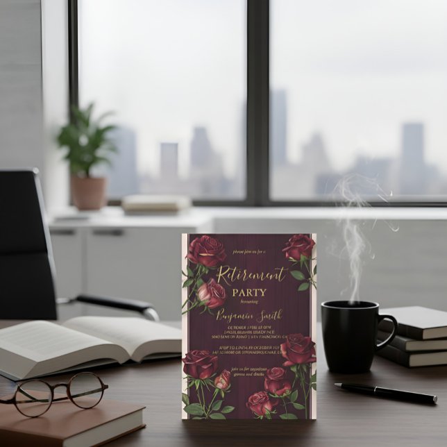 Luxury Gold Text Dark Wood Rose Retirement Invitat Einladung (Von Creator hochgeladen)