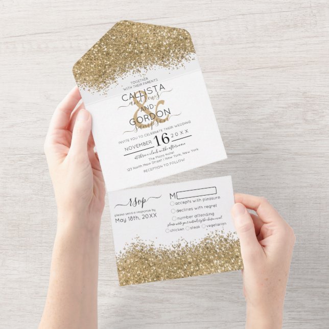 Luxury Gold White Glitzer Confetti Wedding All In One Einladung (Abreißen)