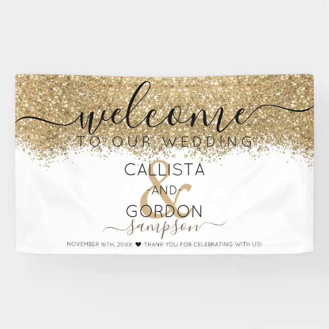 Luxury Gold White Glitzer Confetti Wedding Willkom Banner (Horizontal)