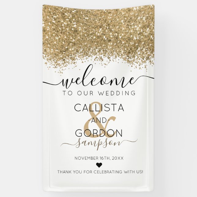 Luxury Gold White Glitzer Confetti Wedding Willkom Banner (Vertikal)