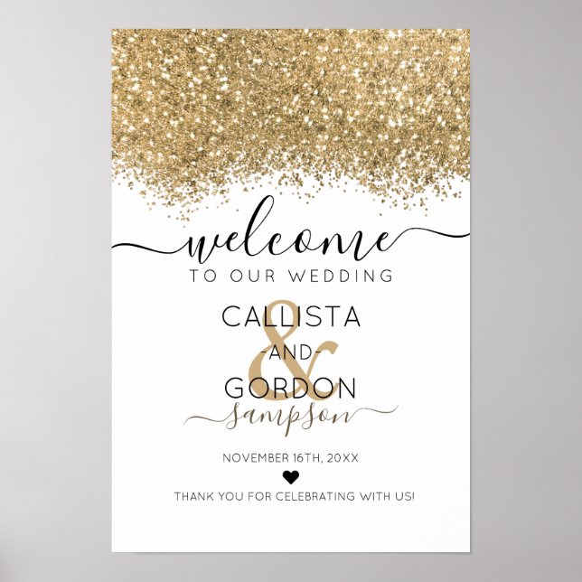 Luxury Gold White Glitzer Confetti Wedding Willkom Poster (Vorne)