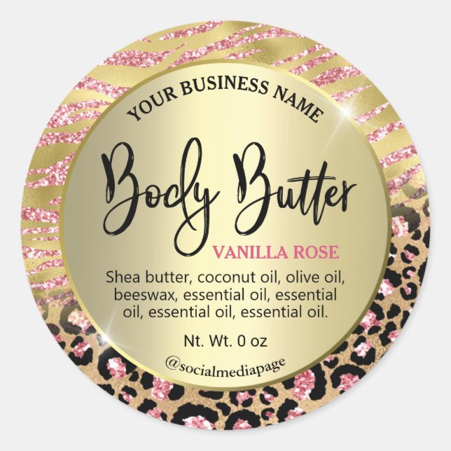 Luxury Gold Zebra Leopard Print Body Butter Labels Runder Aufkleber (Vorderseite)