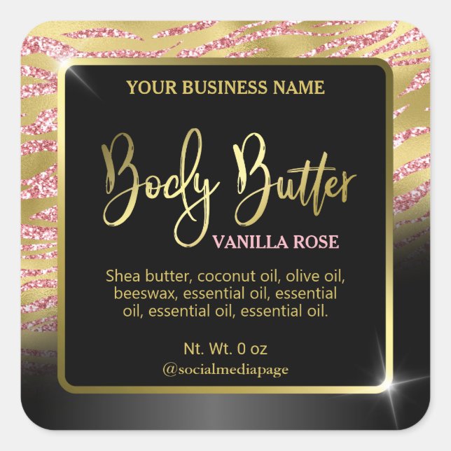 Luxury Gold Zebra Print Body Butter Labels Quadratischer Aufkleber (Vorderseite)