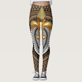 Luxury Golden Fleur-de-Lis Mandala Black Pattern Leggings