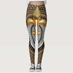 Luxury Golden Fleur-de-Lis Mandala Black Pattern Leggings