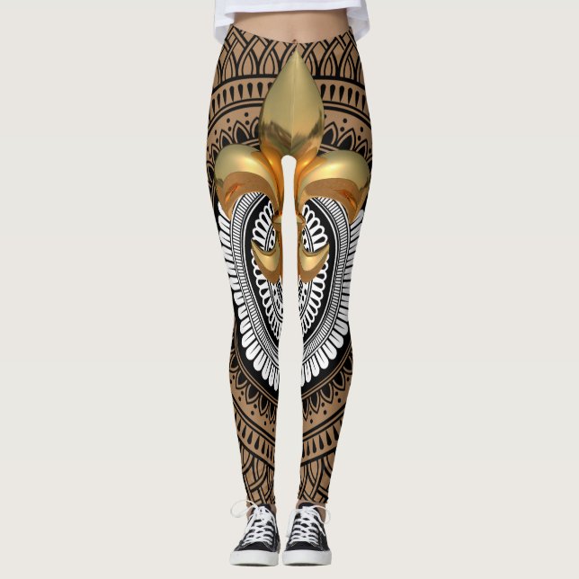 Luxury Golden Fleur-de-Lis Mandala Black Pattern Leggings (Vorderseite)