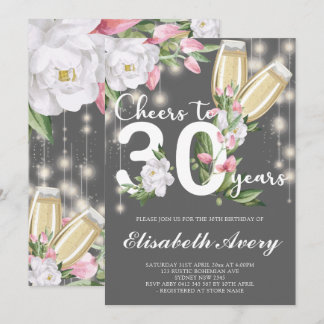 Luxury Gray Champagne Floral 30. Geburtstag Party Einladung