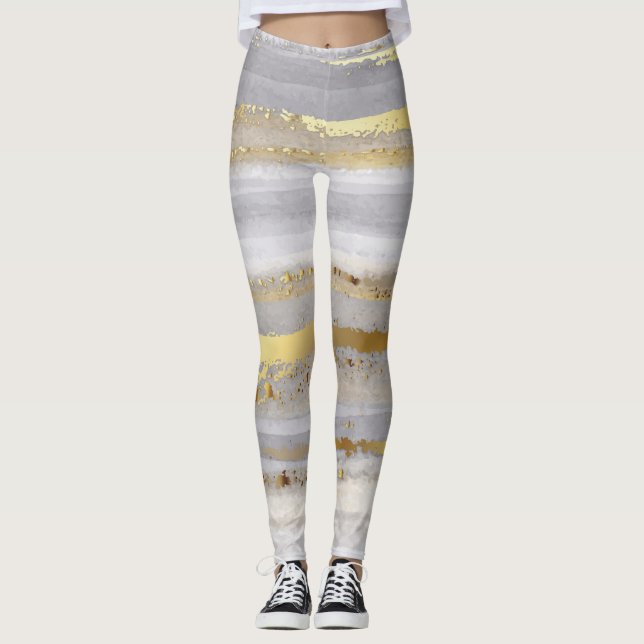 Luxury Gray Gold Aquarell Textur Leggings (Vorderseite)
