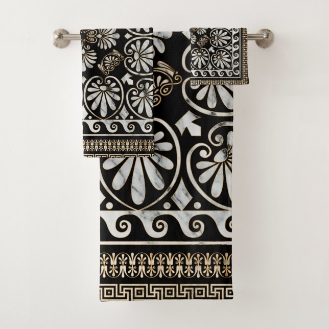 Luxury Greek Ornament Black and White Marble Badhandtuch Set (Insitu)