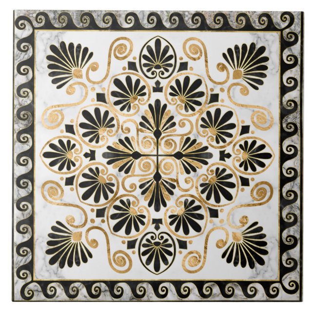 Luxury Greek Ornament Black and White Marble Fliese (Vorderseite)