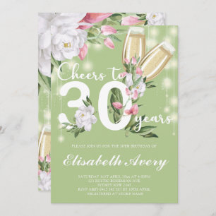 Luxury Green Champagne Floral 30. Geburtstag Party Einladung