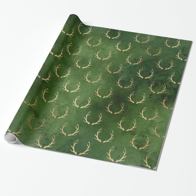 LUXURY GREEN GOLD CHRISTMAS Rentier Geschenkpapier (Ungerollt)