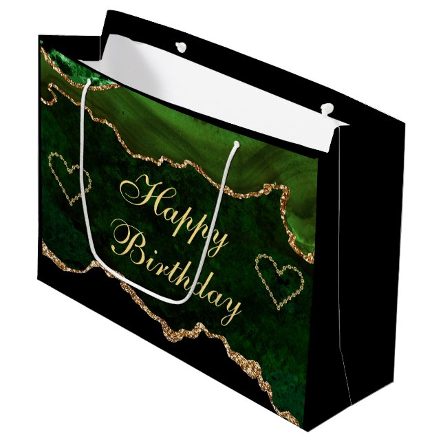 Luxury Green & Gold Glitzer Agate Happy Birthday Große Geschenktüte (Vorderseite Schrägansicht)
