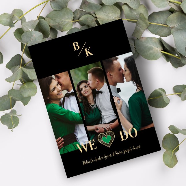 Luxury Green Heart Lace Gold Effect 3 Multi Photos Einladung (Luxury Green Heart Fake Lace Golden Effect Simple Classic 3 Photos Collage Wedding Invitation.)