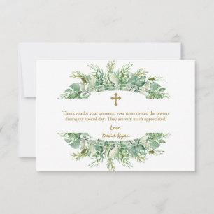 Luxury Greenery Gold Cross Taufe Dankeskarte