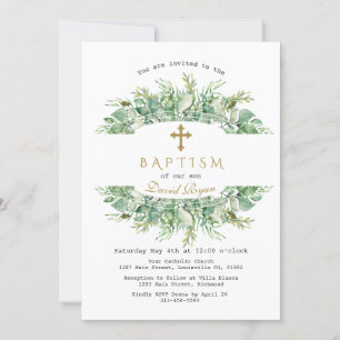 Luxury Greenery Gold Cross Taufe Einladung