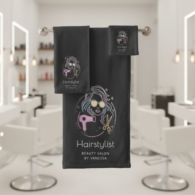 Luxury Hairstylist Beauty Salon Modern Black Badhandtuch Set (Von Creator hochgeladen)