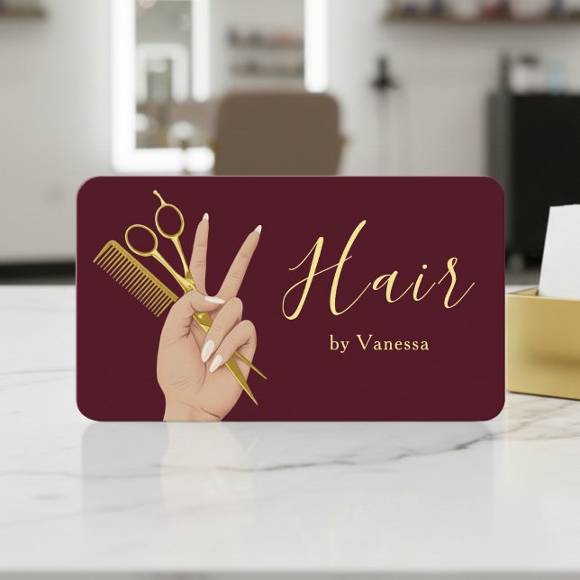 Luxury Hairstylist Hairdresser Modern Burgundy Visitenkarte (Von Creator hochgeladen)