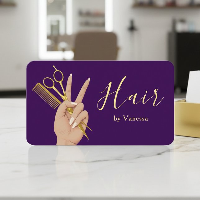 Luxury Hairstylist Hairdresser Modern Gold Purple Visitenkarte (Von Creator hochgeladen)