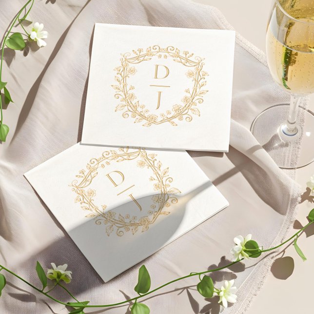 Luxury Hand Drawn Floral Vine Crest Monogram  Servietten Mit Folie (Luxury Hand Drawn Floral Vine Crest Monogram Foil Napkins)