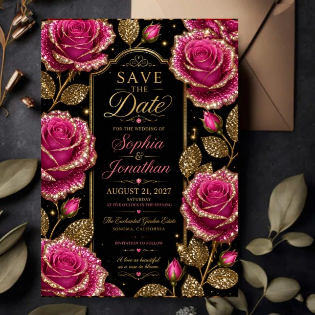 Luxury Hot Pink Glitter Rose Save The Date (Von Creator hochgeladen)