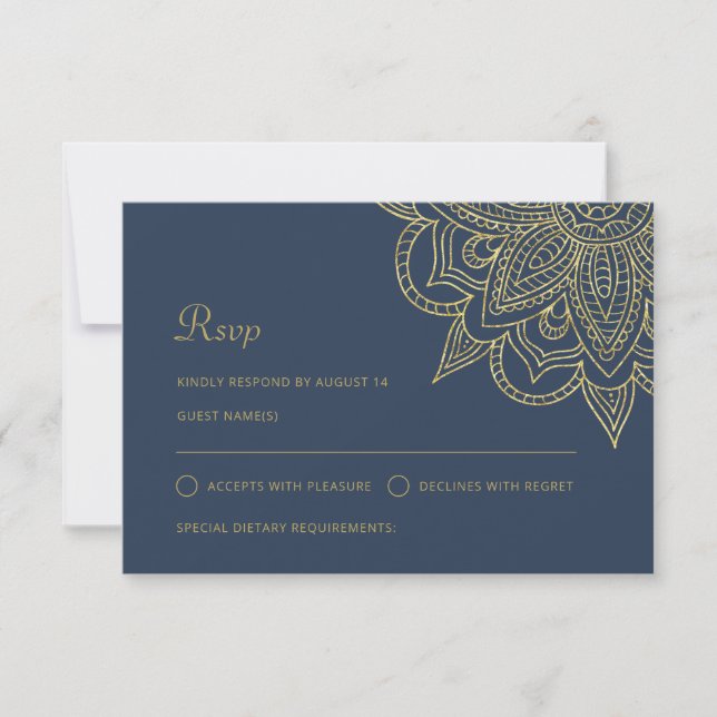 Luxury Indian Elegant Blue Gold Mehndi Wedding RSVP Karte (Vorderseite)