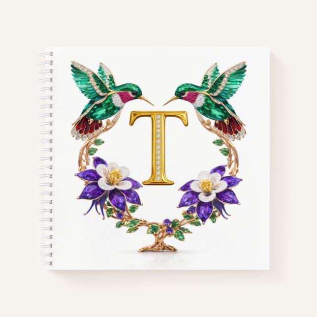 Luxury Initial T Wedding Hummingbird Jewel Gift Notizbuch (Vorderseite)