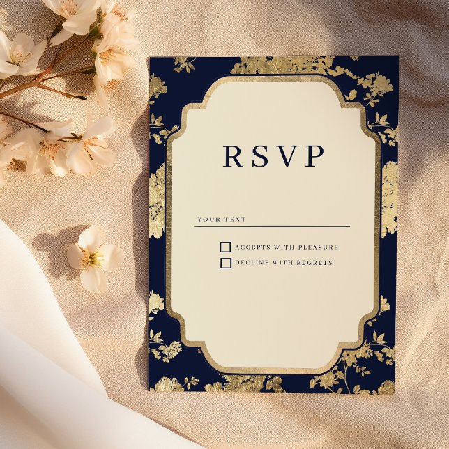 Luxury ivory navy blue gold floral RSVP Einladung (Luxury ivory navy blue gold floral RSVP )